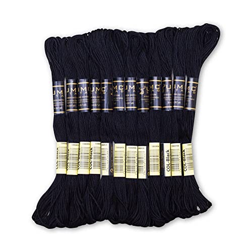 Pack of 12 Black Premium Embroidery Thread | 100% Egyptian Cotton Premium Skeins | Cross Stitch Embroidery Floss | Oeko TEX Certified Stranded Cotton | Ideal for Arts & Crafts (Black-12) - color: Black-12