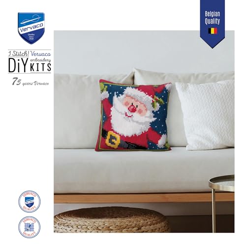 Vervaco Cross Stitch Christmas Pillow Kit TA-DAA Santa DIY Home Decor Stamped Embroidery Chunky Cross Stitch Cushion Craft Supplies ca. 16" x 16" Needlepoint Kits for Adults Creative Gift - size: Happy Santa