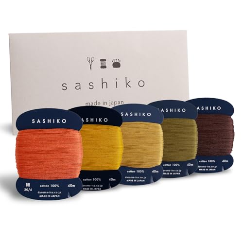 DARUMA Sashiko Thread 100% Cotton Card Type (43.7 yd) x 5 Colors with English Manual, Sewing & Embroidery Value Set with Gift Package(Thin, Kouyou) - color: Kouyou, size: Thin