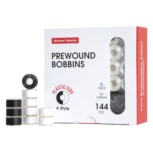 Poolin Prewound Bobbins Richword Selected 144pcs, Size A (Class 15 / SA156), 75D Polyester Bobbin Thread, Plastic Sided, for Single Needle Embroidery & Sewing Machines, 108pcs White+36pcs Black - color: White 108PCS+Black 36PCS