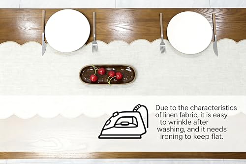 100% Natural Linen Rustic Scalloped Embroidery Table Runner 72 Inches Long, Linen Table Runner 14 x 72 Inch Ideal for Dresser and Dining Tables Decor, 4-6 Sets, Linen(Edges-Gold) - size: 14''x72''