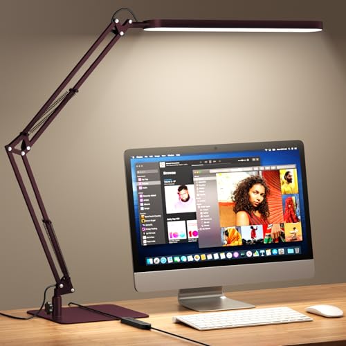 SKYLEO LED Desk Lamp with Slim Base - Adjustable Swing Arm Desk Light, Dimmable, Timer, Eye Protection, Memory Function, 1300LM, 12W, Red - style: Red swing arm with Base