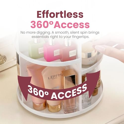 Masirs 360 Rotating Makeup Organizer Countertop, Adjustable Shelf, White - color: White