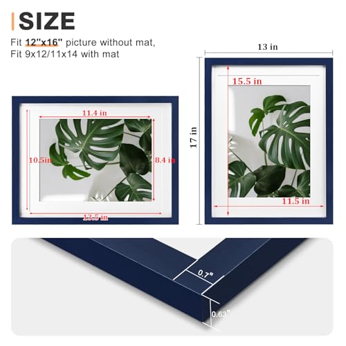 Egofine 12x16 Picture Frame Made of Solid Wood, Display Covered by Plexiglass, Display Pictures 9x12/11x14 with Mat or 12x16 Without Mat for Wall Mounting, Navy Blue - color: Navy Blue, size: 12x16