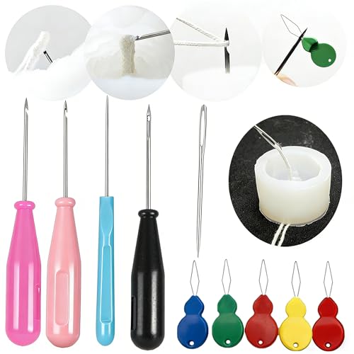 TYMKLMZG 10 PCS Candle Wick Inserting Tool for Molds Large-Eye Candle Wicking Needle Mold Punch Needle with Hook & Eye for Candle Making Colored Threader for Candle Wick of All Thicknesses - color: 9PCS