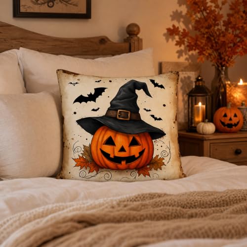 Halloween Witch Hat Pumpkin Bat Linen Pillow Cover 18x18 for Sofa - color: Pa10062, size: 18" x 18" (Pack of 1)