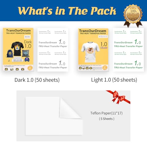 TransOurDream Tru-Heat Transfer Paper for Dark and Light Fabric (50+50 Sheets, 8.5x11", Mix Pack) Printable HTV Heat Transfers Vinyl for Inkjet Printers Iron on Transfers for T Shirts - color: Mix-D1L1, size: 100 Sheets
