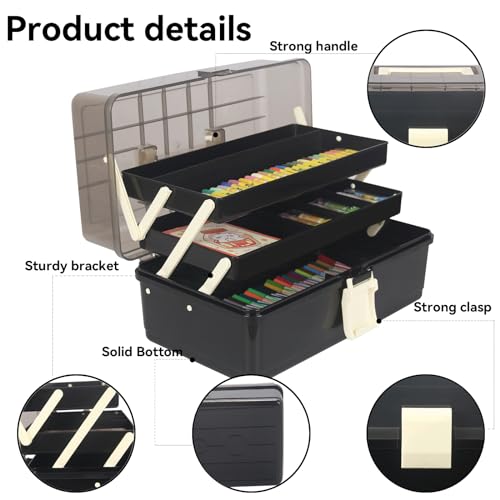 WEWLINE 13-Inch Art Storage Box 3-Layers Plastic Storage Box with Handle Craft Art Bin Portable for Home School Office Travel, Black - color: BLACK
