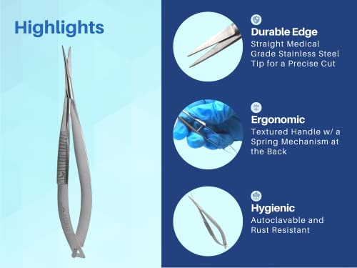 ARTMAN Micro Scissors 4.5” Straight Castroviejo – Premium Stainless Steel Spring Action Squeeze Scissors for Stitch Cutting, Sewing, Embroidery, Applique, Craft, Dental & Surgical Precision