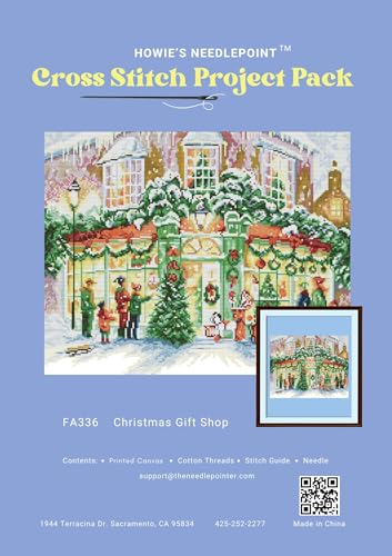 Howie's Needlepoint Cross Stitch Kits, 14CT Pre-Printed Pattern Embroidery Set Needlework, Full Range of Stamped Starter Kits(Christmas Shop, 18.5 x 15.75 inch) - color: Christmas Shop