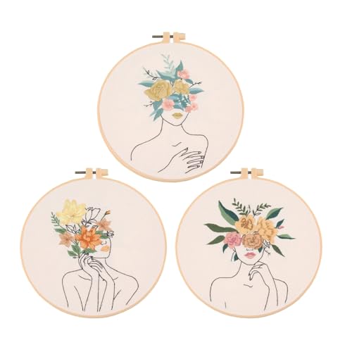 Chenflying Embroidery Starter Kits, 1/3 Sets Art Embroidery Kits for Beginners Adults with Embroidery Hoops Threads Needles and Instructions - color: Beige 1+Beige 2+Beige 3