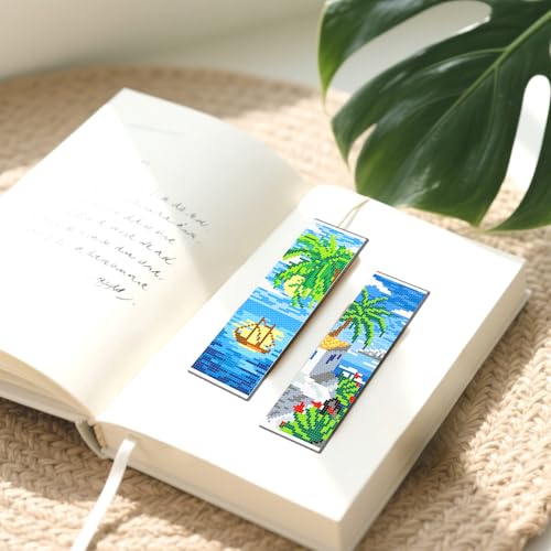 FREEBLOSS 6 Set Cross Stitch Bookmark Kit 11 CT Stamped Cross Stitch Kit DIY Embroidery Bookmark Kits for Adult Beginners with Instructions, Tropical Landscape Pattern, 6 x 20 cm/8" x 2.4" - style: Tropical