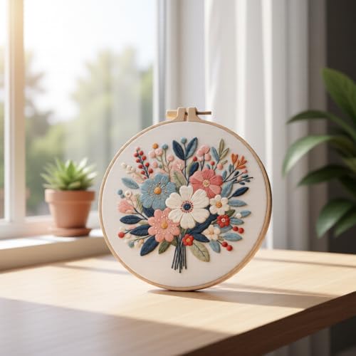Embroidery Kit for Beginners & Adults Starter Kit, Cross Stitch Kits,DIY Hand Embroidery Needlepoint Set with Hoop, Pre-Printed Fabric, Threads and Instructions (Flower-4) - color: Flower-4