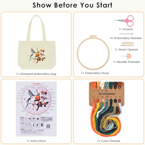 ERKOON Canvas Tote Bag Embroidery Kit for Beginners, Floral Arts Crafts Cross Stitch Kits for Adults Including Stamped Embroidery Bag with Hoops, Needle, Instruction and Color Threads (Hummingbird) - color: Hummingbird-White