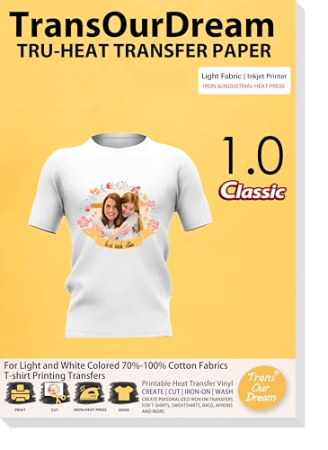 TransOurDream Iron on Heat Transfer Paper for Light Fabric (100 Sheets, 8.5x11) Iron-on Transfers Paper for White and Light T-Shirts Printable Heat Transfer Vinyl for Inkjet Printer (TRANS-L1-1-100) - color: Light, size: 100 Sheets