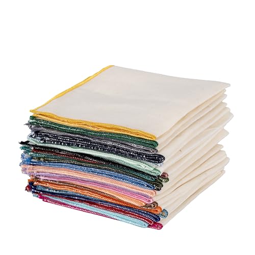 Natural Linen Pocket Squares, Embroidered Contrast Border 3 pcs, Off white - color: A9 (6-pack)