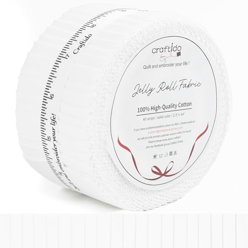 Craftido-20 Options-100% Cotton Jelly Roll Fabric Precut Strips for Quilting, Crafting, and Sewing, 40 Strips 2.5" x 44" Assorted Bundles for Rug, Quilt Project, DIY Craft and Home Decor-40 White - color: 40 White