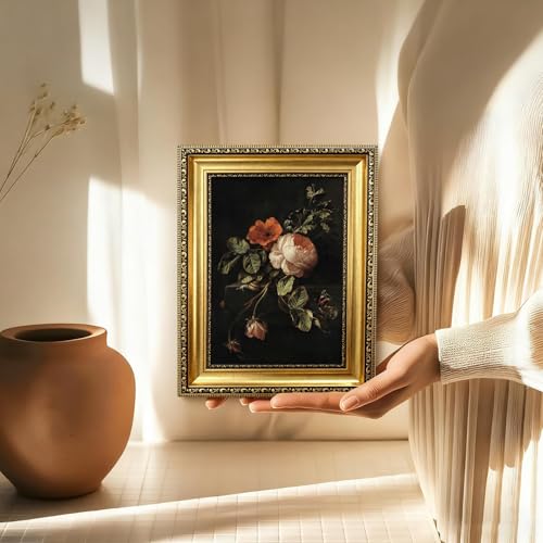 Vintage Gold Framed Moody Floral Wall Art,Dark Rose Still Life Canvas Print - color: Floral Gold Framed, size: 11"L x 9"W