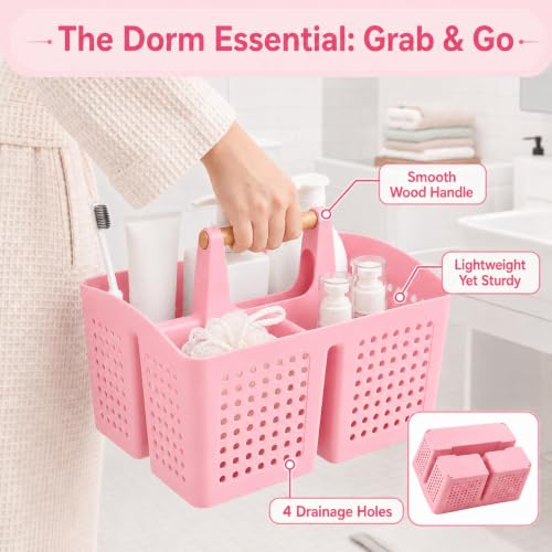 Portable Shower Caddy Basket with 3 Compartments and Handle, Caddy Pink - color: Caddy Pink