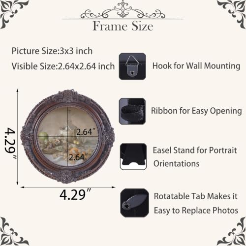Vintage Picture Frames 3x3 Ornate Distressed Brown Antique Pictue Frames with Real Glass Cover for Wall & Tabletop Display Victorian Home Decor Gallery Wall Decor,Round - color: Distressed Brown, size: 3X3