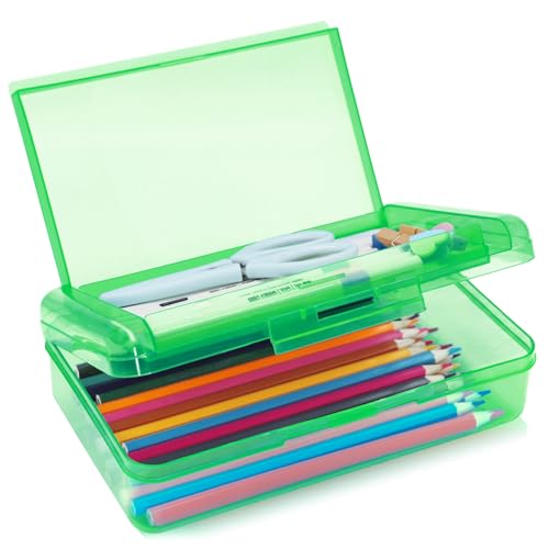 Double Layer Plastic Clear Hard Colored Pencil Box Case Pen Crayon Box - color: Green