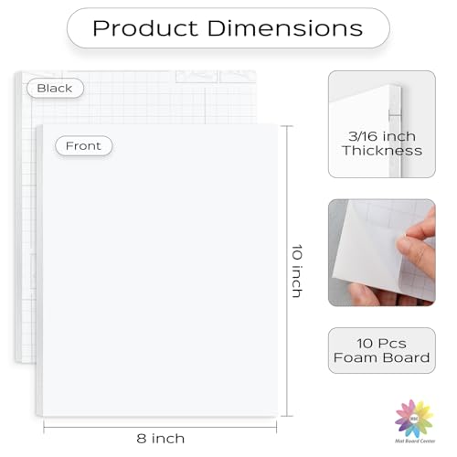 Mat Board Center 10 Pack 8x10 Self Adhesive White Foam Board 3/16" Thick - size: 8x10
