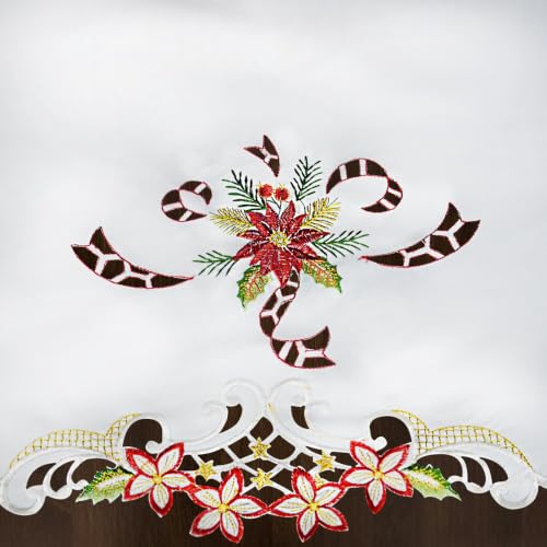Grelucgo Holiday Tablecloth, White with Red Poinsettia Embroidered Design, Scalloped Edge, Christmas Dining Table Decor (Round 70 Inches) - size: 70" (Round)