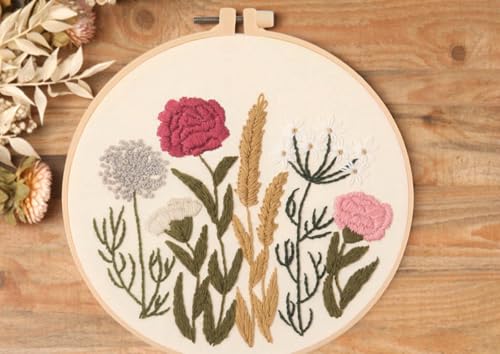 IUHUI Embroidery Kit for Beginners Adults - Thriving Flowers and Plants Easy Patterns, DIY Hand Stitching Embroidery Set with Hoop (Red Pink Flowers) - color: Red Pink Flowers