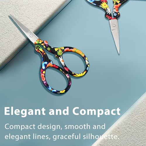 Sharp Embroidery and Crafting Scissors with Leather Cover, 3.62 inch Stainless Steel Scissors for Needlework and DIY Crafts, Black Flower, J5064