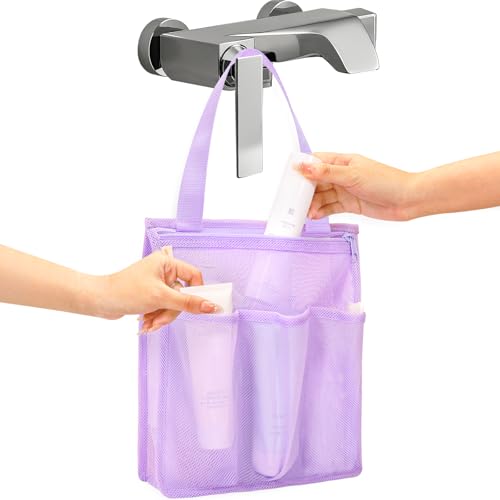 famichan Portable Mesh Shower Caddy, Gym Travel Camp Dorm Room Essentials for College Student Girl, Purple Bathroom Shower Bag - color: Purple