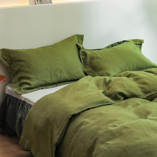 Simple&Opulence 100% French Linen Pillowcases with Embroidery – Pack of 2, Washed Solid Color Natural Flax, Soft & Breathable - Olive, 20'' x 26'' - color: Olive, size: Queen