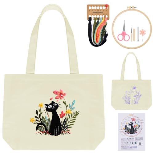 ERKOON Canvas Tote Bag Embroidery Kit for Beginners, Floral Arts Crafts Cross Stitch Kits for Adults Including Stamped Embroidery Bag with Hoops, Needle, Instruction and Color Threads (Cat) - color: Cat
