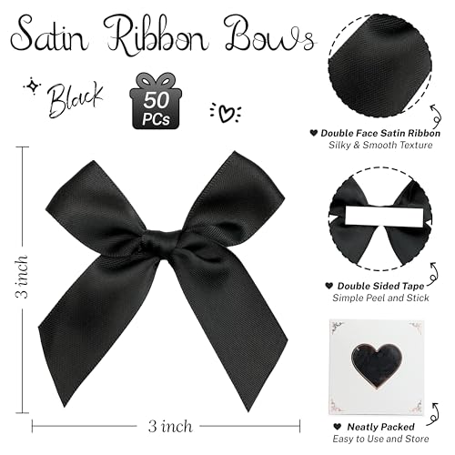 Self Adhesive Black Satin Ribbon Bows for Crafts 3", 50 Pack - color: Black