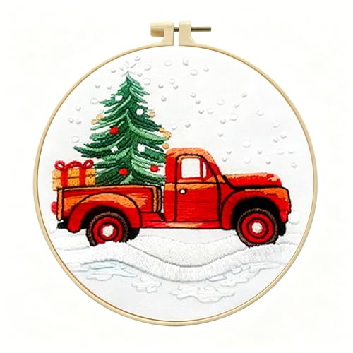 Zhenqing Christmas Red Truck Embroidery Kit for Beginners, Tree and Gifts Needlework Kit with Pre-Printed Fabric, Hoop, Threads & Tools (C0029) - style: Vintage Red Truck
