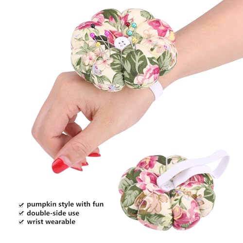 Pumpkin Pin Cushion with Magnetic Wooden Base, Cute Pincushion for Sewing, Japanese Style Needle Holder for Quilting and DIY Crafts, Floral Design