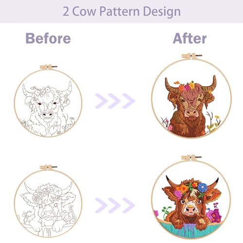 Offizon 2 PCS Embroidery Kit for Beginners Stamped Cos Pattern - color: Cow (2 Pack)