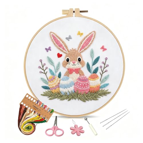 WaFtesh Embroidery Kits for Beginners Adult, DIY Hand Embroidery Cross Stitch Starter Set with Pattern, 3D Rabbit Needlepoint & Cross Stitch 7.9 Inch Hoop Threads, Needles, Instruction - color: Bunny-2