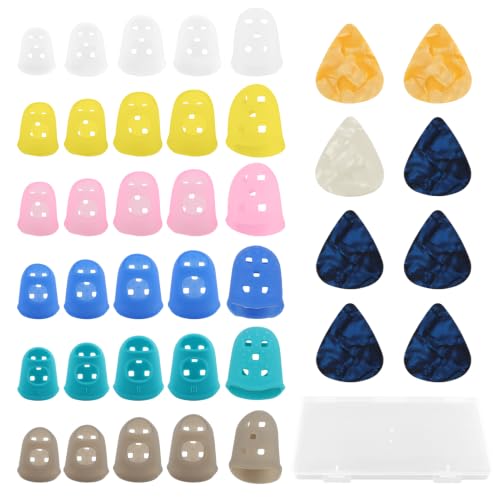 38 pcs Guitar Fingertip Protectors, 5 Sizes Silicone Breathable, Flexible Thimble Finger Pads Grips and 8 Guitar Picks, for Beginner Playing, Ukulele, Banjo, Mandolin