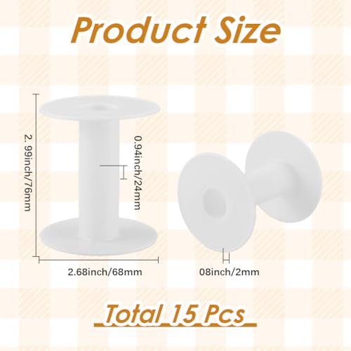 SUNNYCLUE 15Pcs 68 x 74mm Empty Plastic Spool Long Spools White Weaving Tread Chain Tape Wire Holder Organizer String Bulk for Crafts Cross Stitch Crochet Supplies Embroidery Needle Yarn Women Adults - size: 2.68 x 2.99in