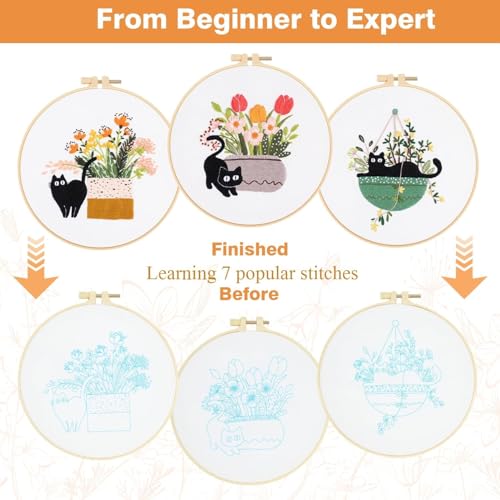 Embroidery Kit for Beginners, Adult Stamped Kits with Cat Floral Patterns