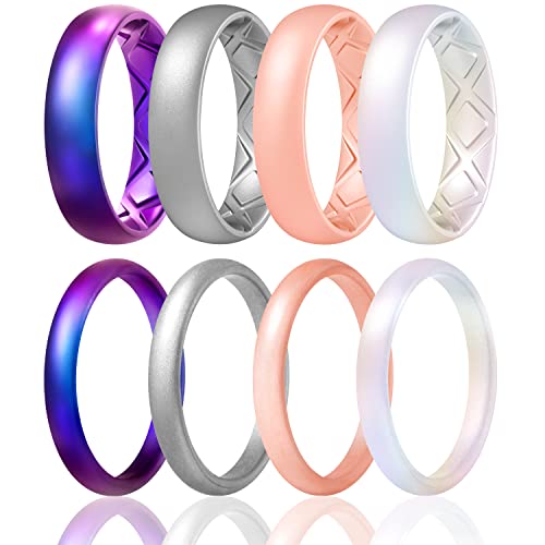 Egnaro Women's Silicone Wedding Ring 2.5mm Wide 1.8mm Thick Rubber Band Set - color: SETA2-Bright Galaxy,Metallic Silver,Bright Pearl,Light Rose Gold,Matte Galaxy,Metallic Silver,Matte Pearl,Light Rose Gold