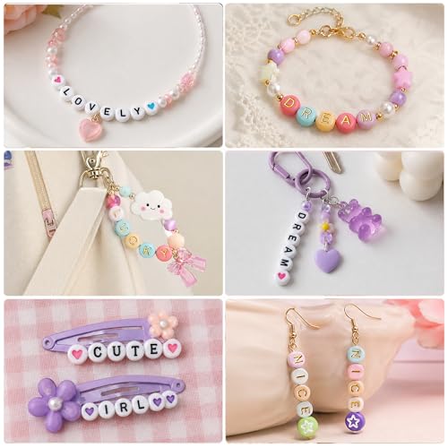 Letter Beads and Bracelets String Set, 4x7mm Round Alphabet Beads - color: C+W+heart
