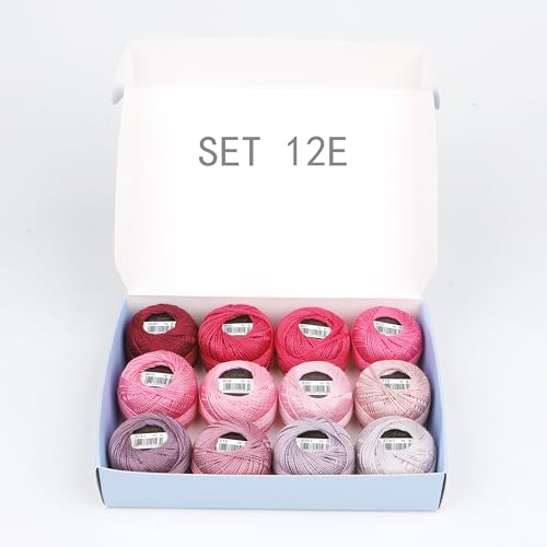 Size 8 Double Mercerized Egyptian Long Staple Cotton Pearl Thread 12 Gradient Colors per Box 5 Grams Ball Rainbow Color Embroidery Thread for Crochet Cross Stitch Hand Embroidery (12E) - color: 12E