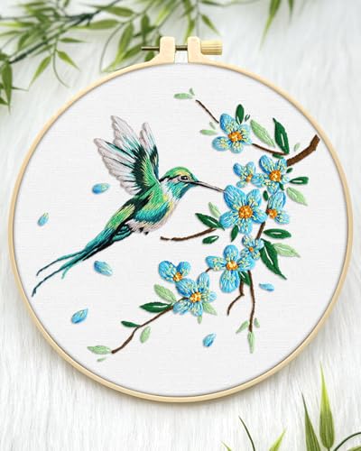 ERKOON Embroidery Kit for Beginners Adult, Hummingbird Embroidery Set - color: Green Hummingbird