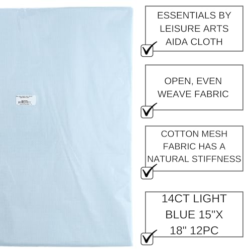 Essentials By Leisure Arts Aida Cloth, 14 Count, Light Blue, 12pc, Bulk, Cross Stitch Fabric, Embroidery Fabric, Cross Stitch Supplies for Crafting, Stitching, and Sewing Projects 15X20 - color: Light Blue