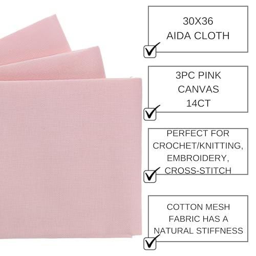 Essentials By Leisure Arts Aida Cloth, 14 Count, Medium Pink, 3pc, Bulk, Cross Stitch Fabric, Embroidery Fabric, Cross Stitch Supplies for Crafting, Stitching, and Sewing Projects 30x36 - color: Medium Pink