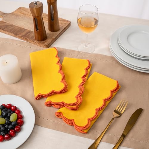 Blue Needles Cotton Scalloped Embroidery Cloth Napkins 17X17Inch - Set of 4 - color: Golden Yellow(edges - Orange)