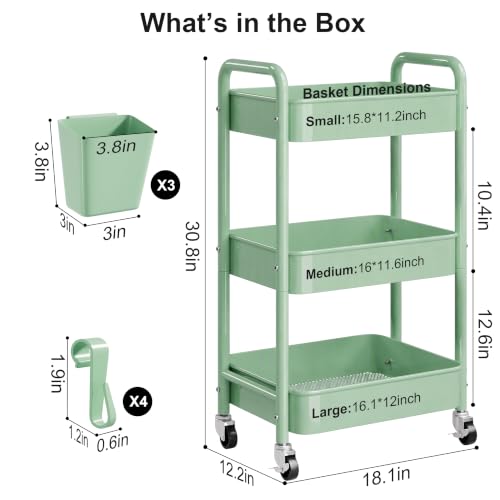 3 Tier Rolling Storage Cart Metal with Wheels,Sage Green Diaper Caddy Carts - color: Sage Green, size: 3 Tier + Cups + Hooks