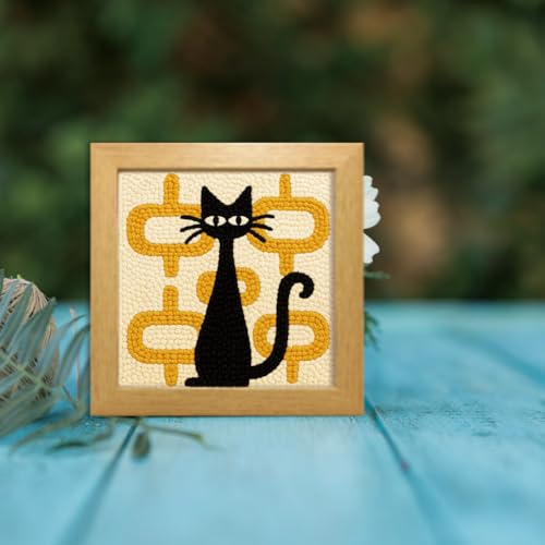 FREEBLOSS DIY Punch Needle Kit Abstract Cat Punch Needle Embroidery Wall Hanging Painting Punching Needles Starter Kit for Beginners with Complete Tools, Already Framed, 9.4x9.4inch - color: Multicolored (including Yellow)