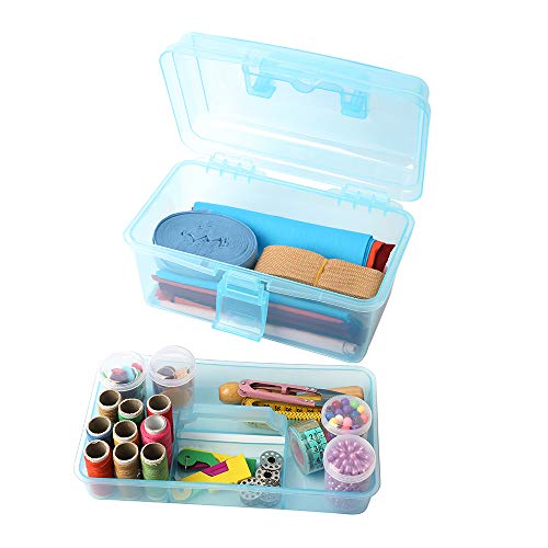 Multipurpose Plastic Art and Craft Supply Storage Container Bin Case with Removable Tray and Handle, First Aid Box Organizer, Clear&Blue - color: clear/blue